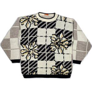 Vintage 1980’s Spunky Black White Gold Knit Sweater Size Large Made in USA